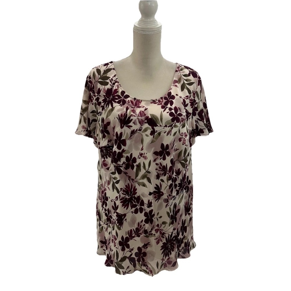 Kate Hill Women’s Floral Silk Lined Blouse Sz 22W Short Flutter Sleeve Stretch